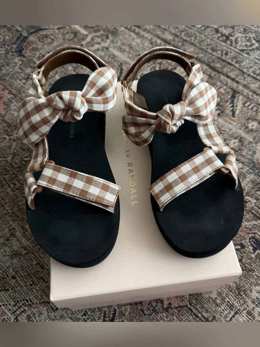 Loeffler Randall Maisie Brown and Cream Gingham Bow Sandals